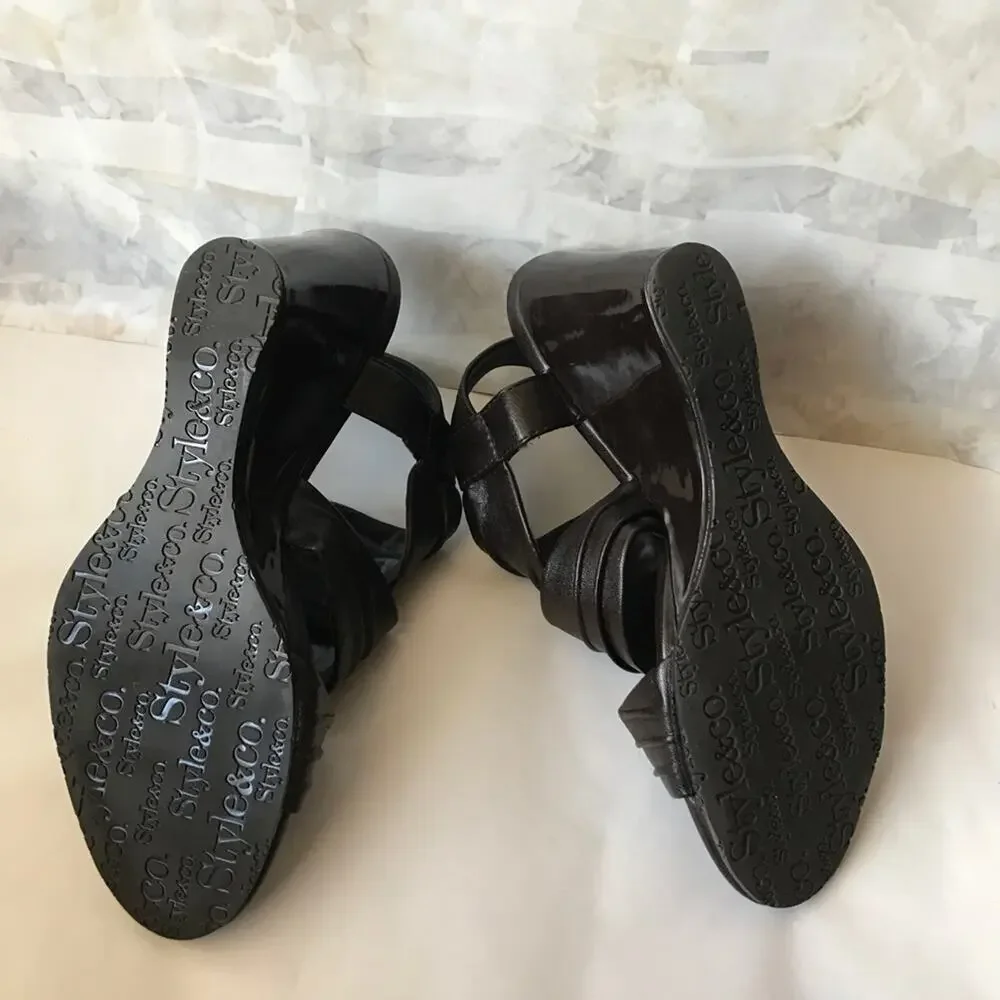 A8). Style & Co. Open Toes Wedges Dark Chocolate 5.5M